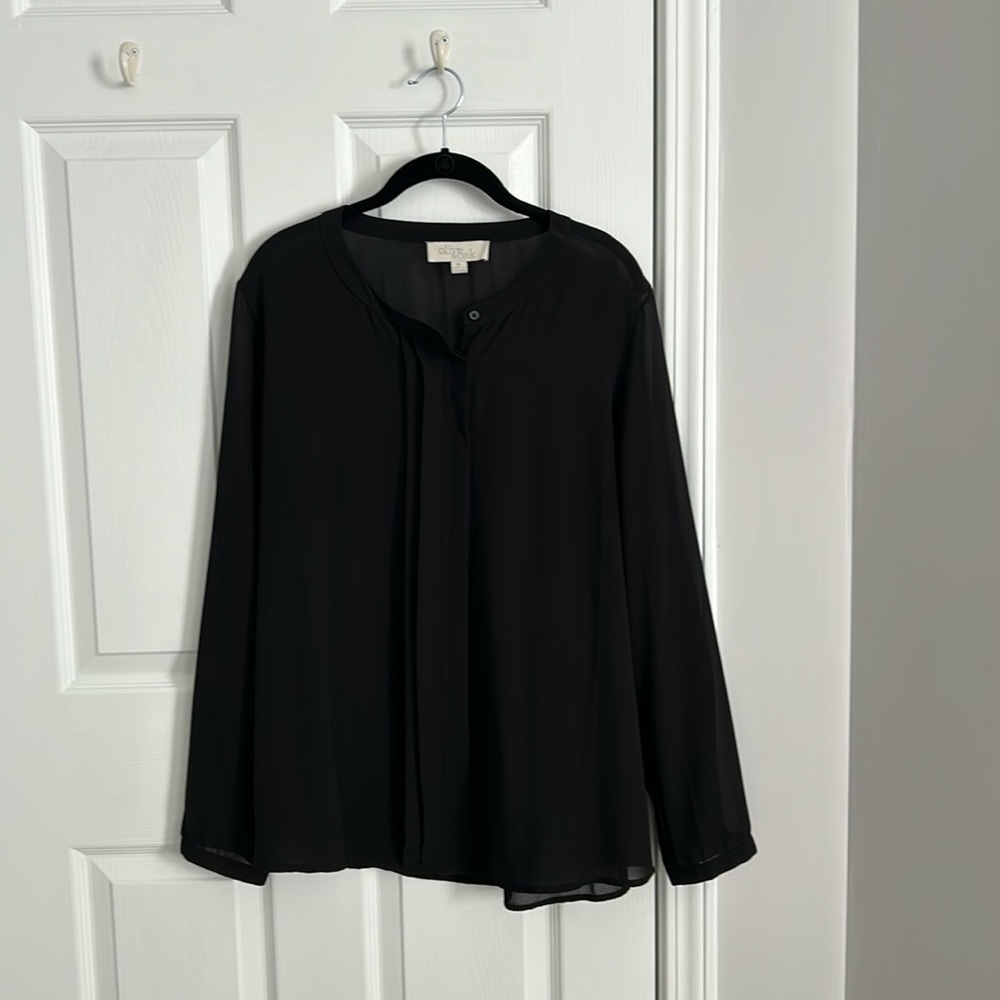 Black sheer button down top. Size XL pleated detail down placket.